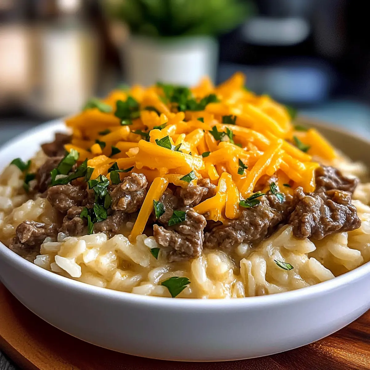 Creamy Garlic Butter Beef and Cheddar Rice