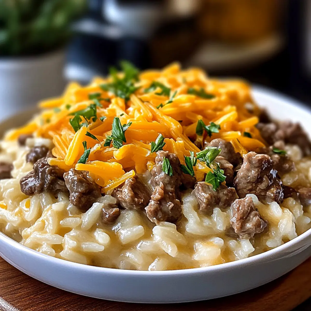 Creamy Garlic Butter Beef and Cheddar Rice