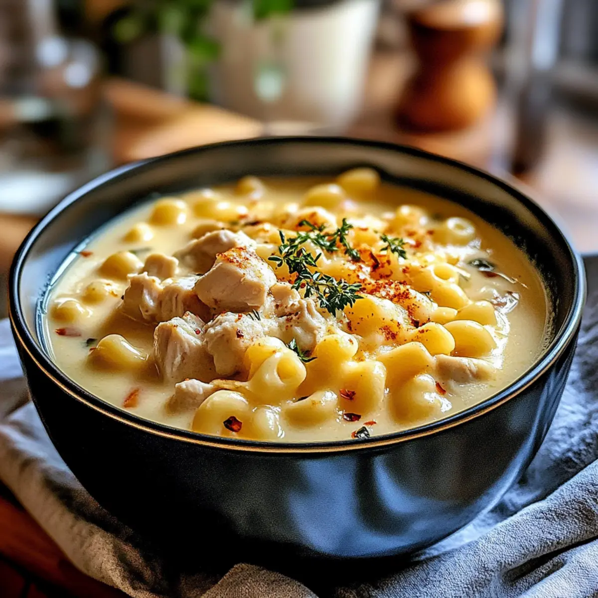 Cozy Creamy Chicken Macaroni Cheese Soup